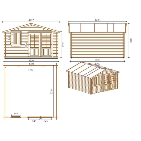 Tuinhuis Wenen 400x400 cm | Bruin geïmpregneerd | Dubbele deur