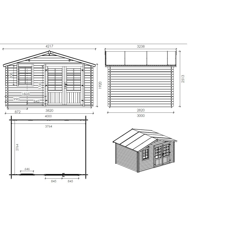 Houten tuinhuis 12 m² - 4x3 m - 28 mm