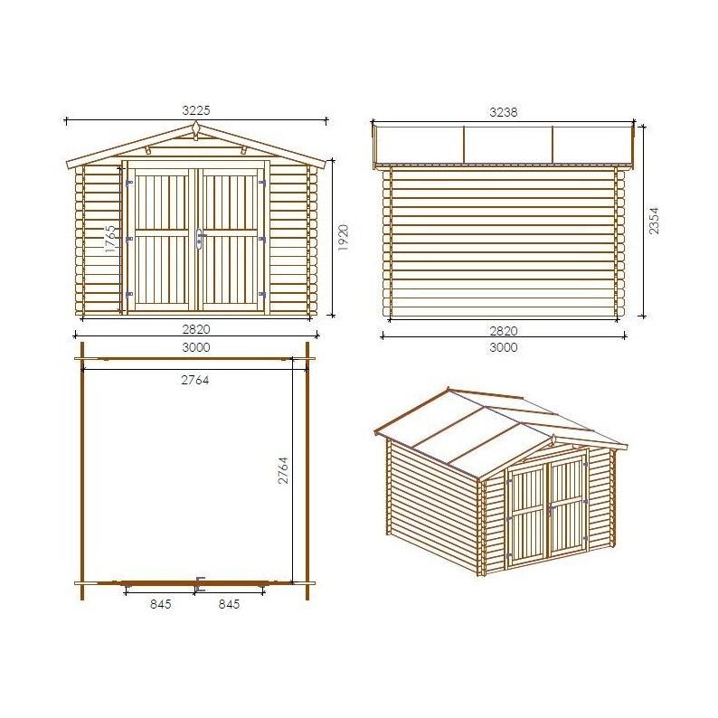 Tuinhuis Bremen 300x300 cm | Onbehandeld | Dichte deuren