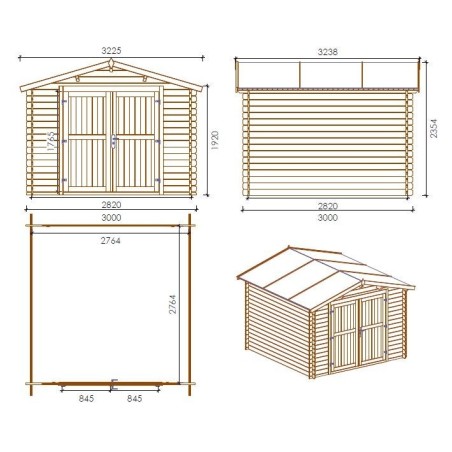 Tuinhuis Bremen 300x300 cm | Onbehandeld | Dichte deuren