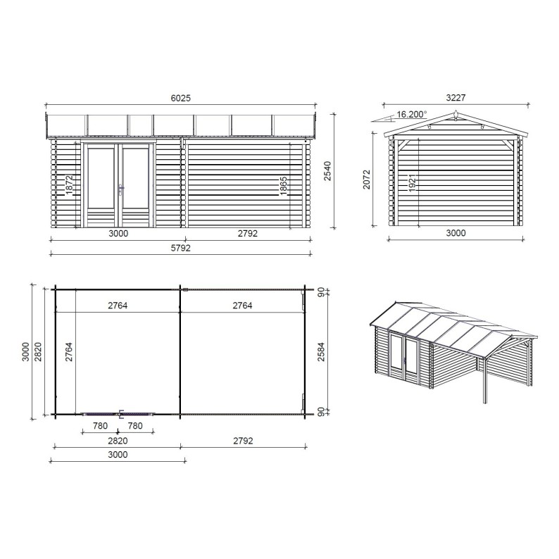 Houten tuinhuis 17.4 m² - 5.79x3 m - 28 mm