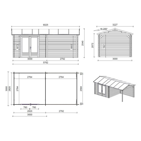 Houten tuinhuis 17.4 m² - 5.79x3 m - 28 mm