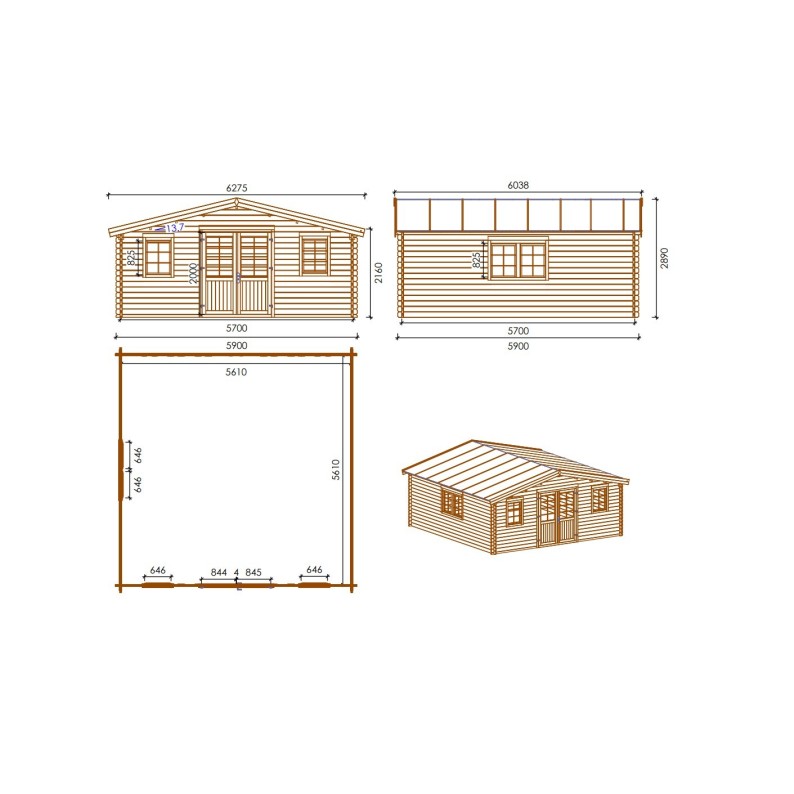 Houten tuinhuis 34.8 m² - 5.9x5.9 m - 45 mm - Geïmpregneerd