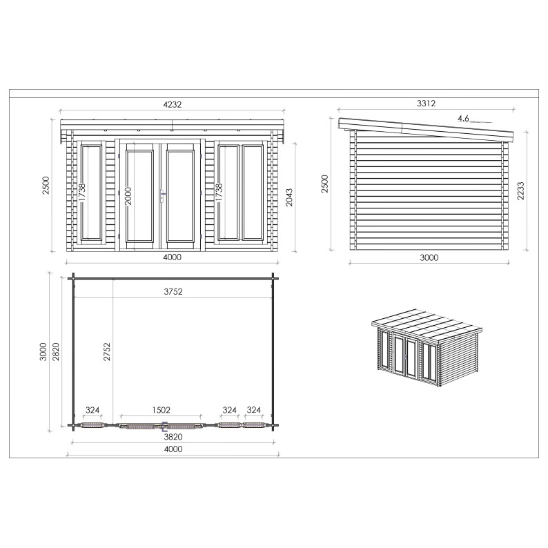 Houten tuinhuis 12 m² - 4x3 m - 34 mm
