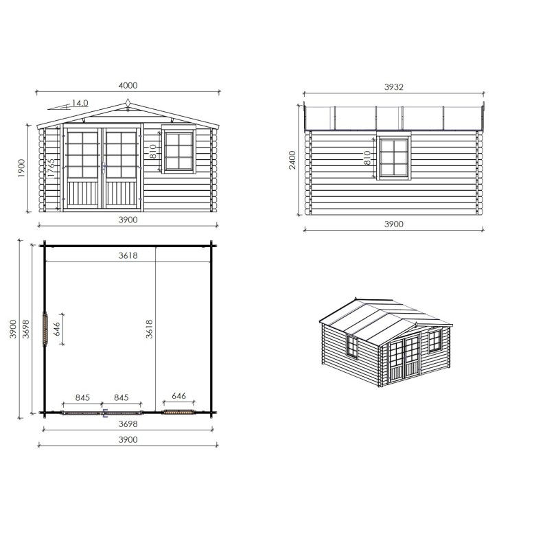 Houten tuinhuis 15.21 m² - 3.9x3.9 m - 40 mm