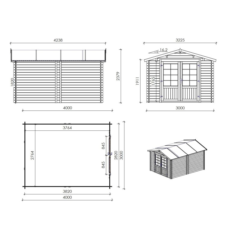 Houten tuinhuis 12 m² - 3x4 m - 28 mm