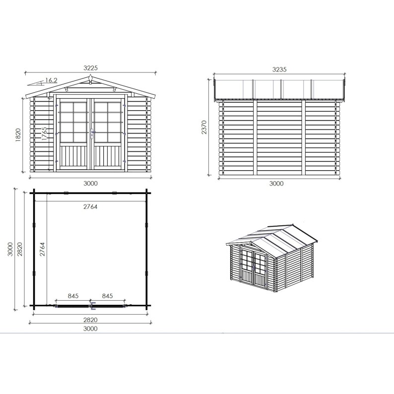 Houten tuinhuis 9 m² - 3x3 m - 28 mm