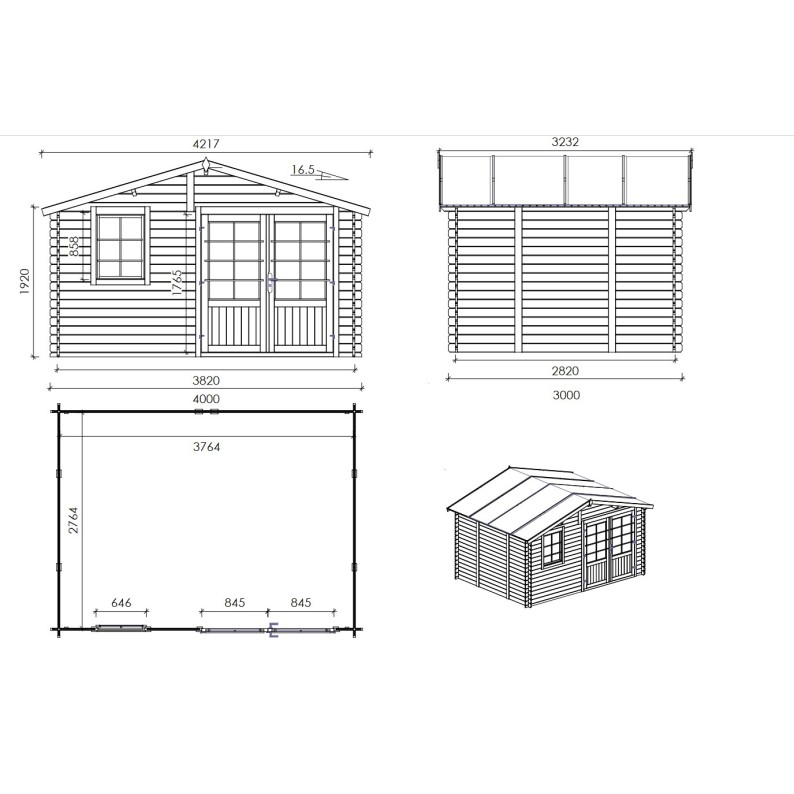 Houten tuinhuis 12 m² - 4x3 m - 28 mm