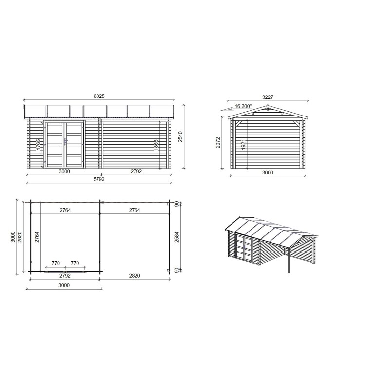 Houten tuinhuis 17.4 m² - 5.79x3 m - 28 mm - Geïmpregneerd