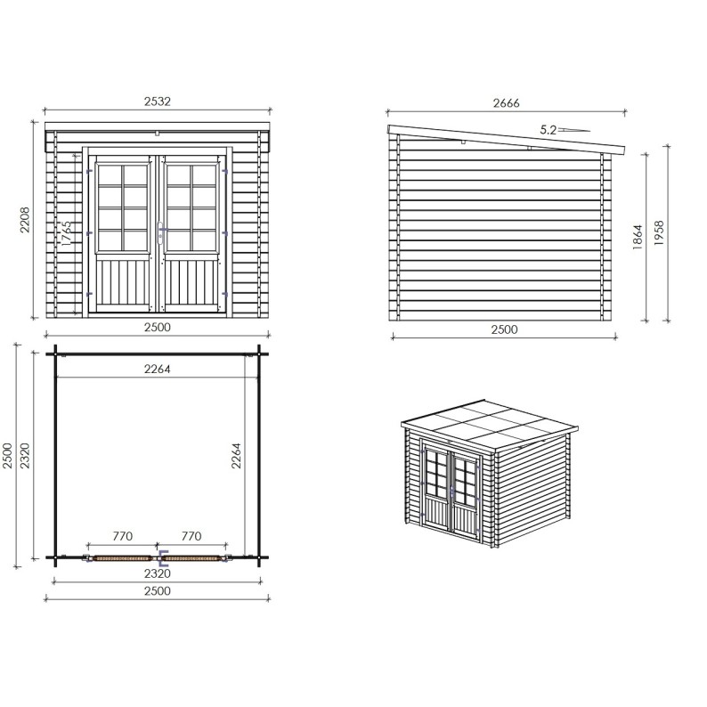 Houten tuinhuis 6.25 m² - 2.5x2.5 m - 28 mm - Geïmpregneerd