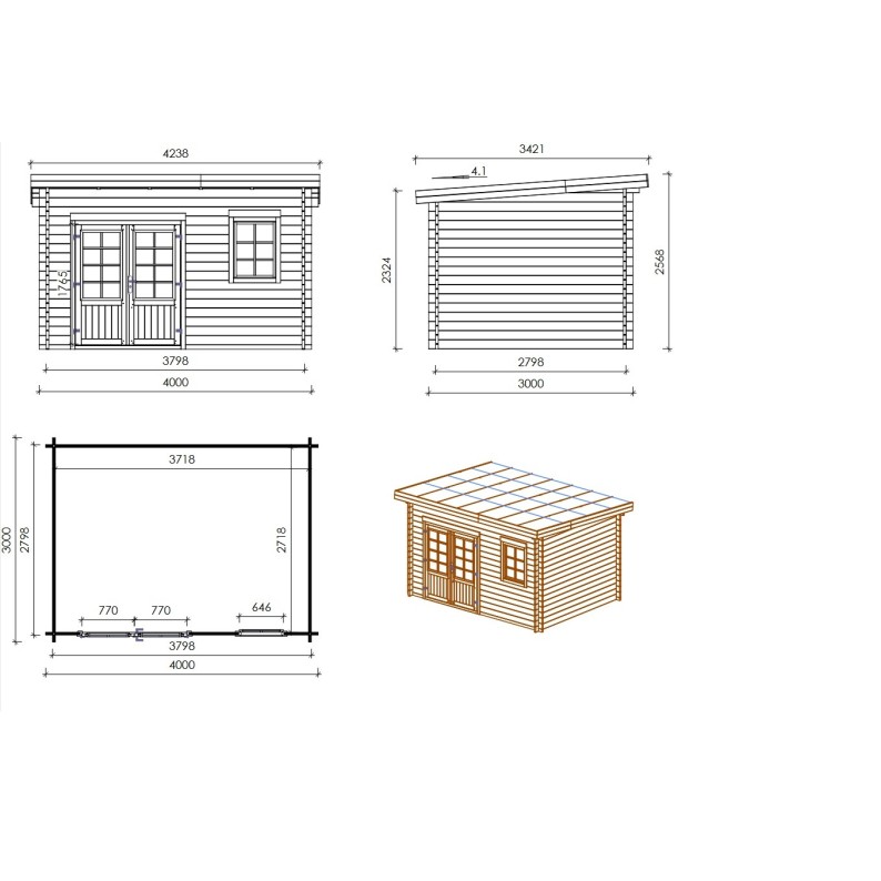 Houten tuinhuis 12 m² - 4x3 m - 40 mm - Geïmpregneerd