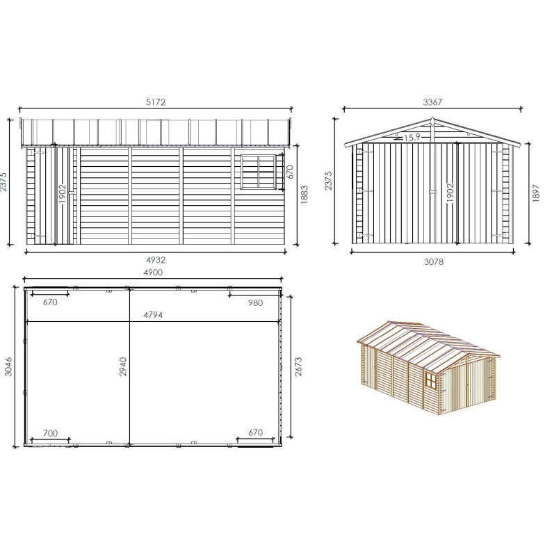 Houten garage 14.94 m² - 3.05x4.93 m - 18 mm - Kleur: bruin - Geïmpregneerd