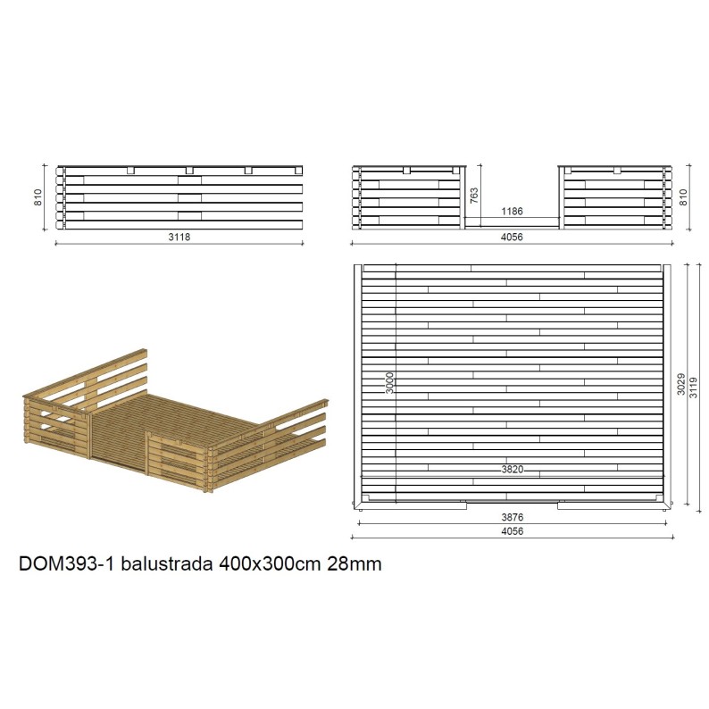 Veranda voor het huisje 4x3 m - Kleur bruin - Geïmpregneerd