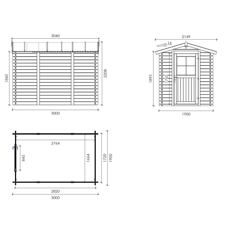 Houten tuinhuis 5.7 m² - 1.9x3 m - 28 mm