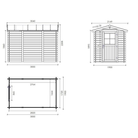 Houten tuinhuis 5.7 m² - 1.9x3 m - 28 mm