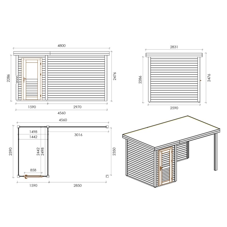 Traditioneel tuinhuis met overkapping Mira 450x250cm