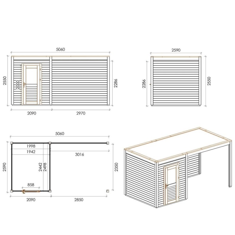 Modern Tuinhuis met Overkapping Luma | 500x250 cm | Geïmpregneerd