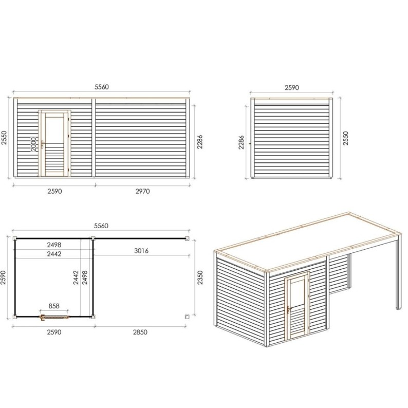 Modern Tuinhuis met Overkapping Nexa | 550x250 cm | Geïmpregneerd