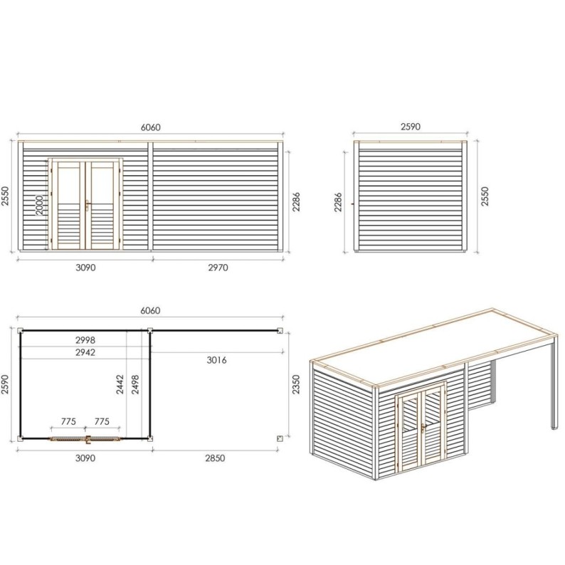 Modern Tuinhuis met Overkapping Sora | 600x250cm | Geïmpregneerd