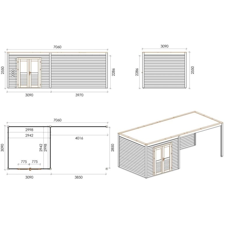 Modern Tuinhuis met Overkapping Sora | 700x300 cm | Geïmpregneerd