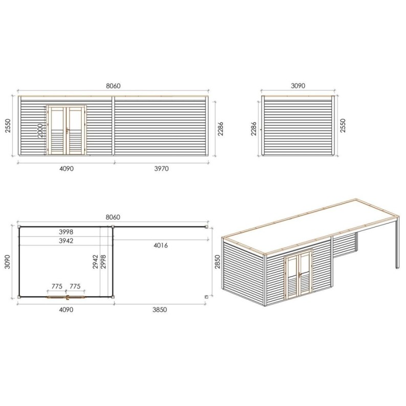 Modern Tuinhuis met Overkapping Nova | 800x300 cm | Geïmpregneerd