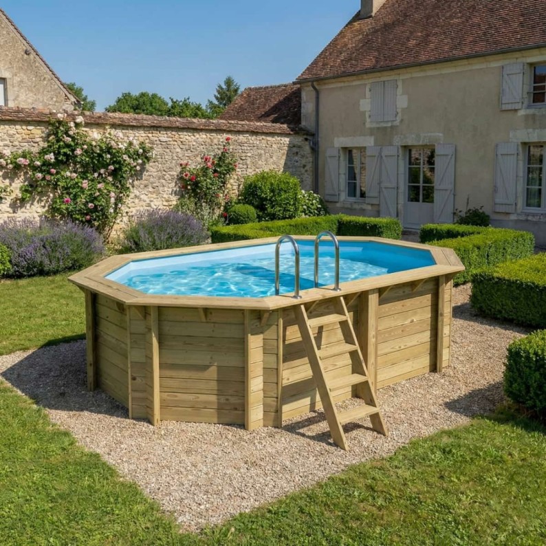 Zwembad NEMO 4.3 x 3 – H.1.18 m met strand, lichtblauw, met in te betonneren steunen