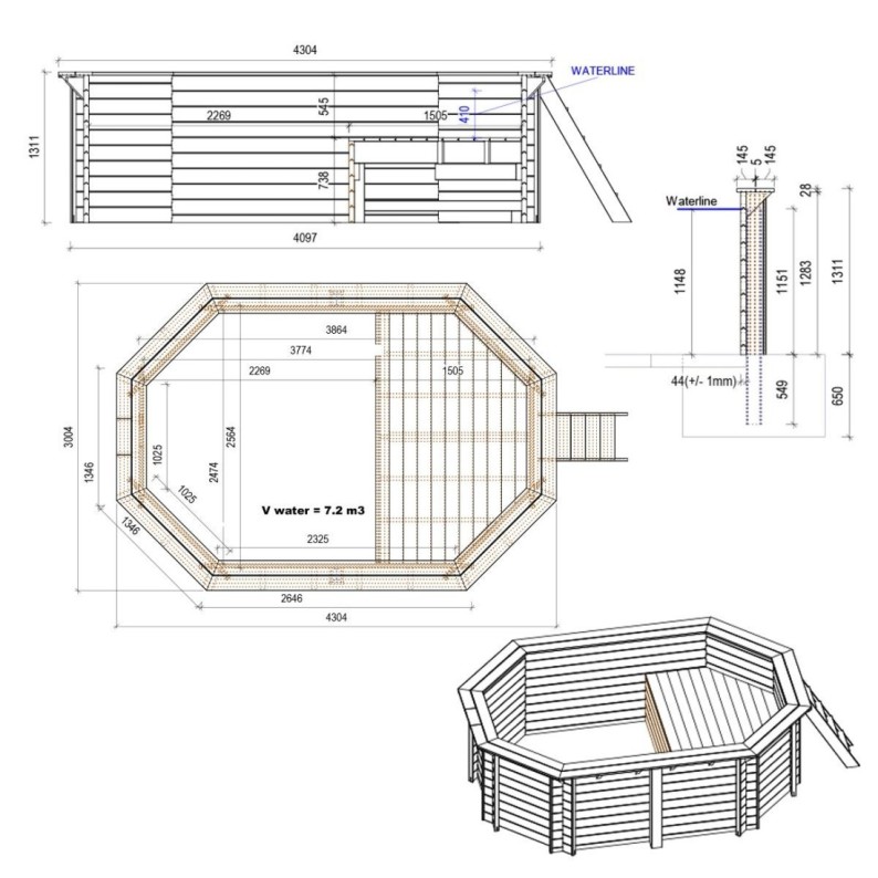 Zwembad NEMO 4.3 x 3 – H.1.31 m met strand, grijs, met beugels vastgeschroefd aan beton