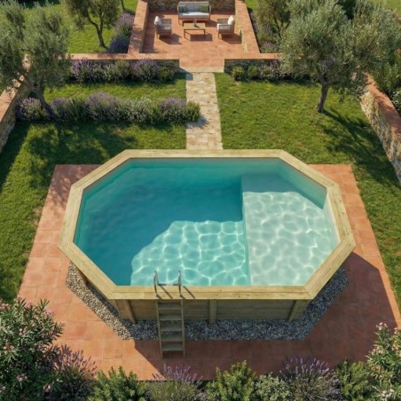 Zwembad NEMO 5.79 x 3.49 – H.1.45 m met strand, zand, met beugels vastgeschroefd aan beton