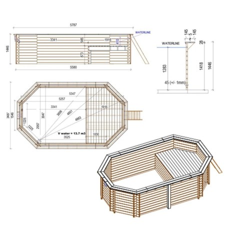 Zwembad NEMO 5.79 x 3.49 – H.1.45 m met strand, zand, met beugels vastgeschroefd aan beton