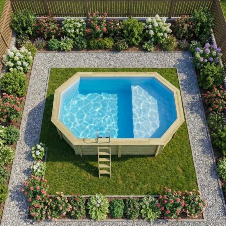 Zwembad NEMO 5.79 x 3.49 – H.1.45 m met strand, lichtblauw, met in te betonneren steunen