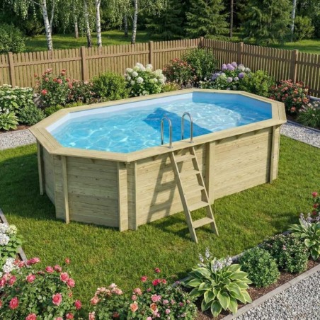 Zwembad NEMO 5.79 x 3.49 – H.1.45 m met strand, lichtblauw, op een frame - zonder betonnering