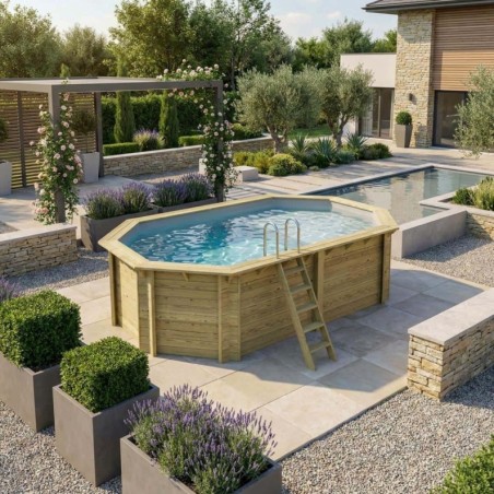 Zwembad NEMO 5.79 x 3.49 – H.1.45 m met strand, grijs, op een frame - zonder betonnering