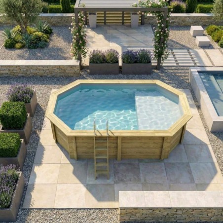 Zwembad NEMO 5.79 x 3.49 – H.1.45 m met strand, grijs, op een frame - zonder betonnering