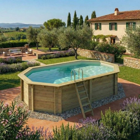 Zwembad NEMO 5.79 x 3.49 – H.1.45 m met strand, zand, op een frame - zonder betonnering