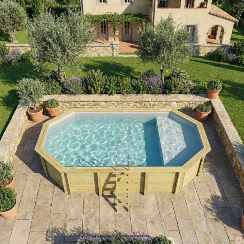 Zwembad NEMO 7.3 x 3.97 – H.1.45 m met strand, grijs, met in te betonneren steunen