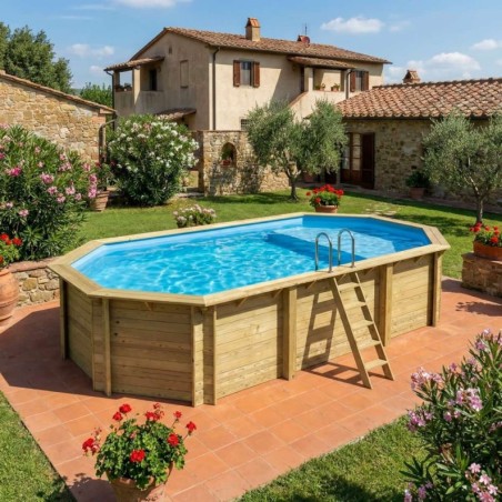 Zwembad NEMO 7.3 x 3.97 – H.1.45 m met strand, lichtblauw, op een frame - zonder betonnering