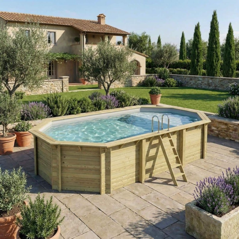 Zwembad NEMO 7.3 x 3.97 – H.1.45 m met strand, grijs, op een frame - zonder betonnering