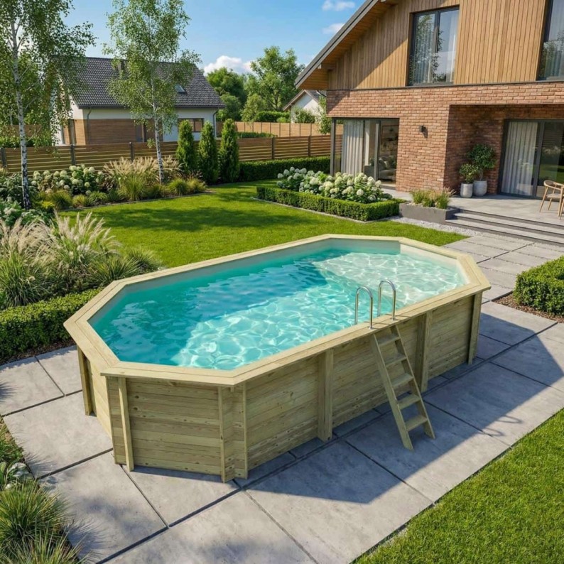 Zwembad NEMO 7.3 x 3.97 – H.1.45 m met strand, zand, op een frame - zonder betonnering