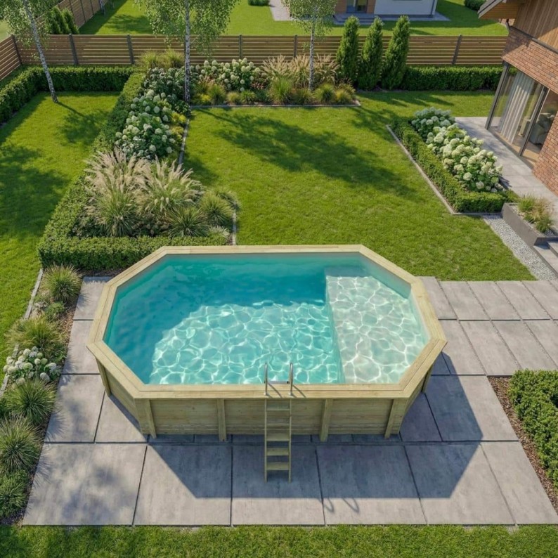 Zwembad NEMO 7.3 x 3.97 – H.1.45 m met strand, zand, op een frame - zonder betonnering