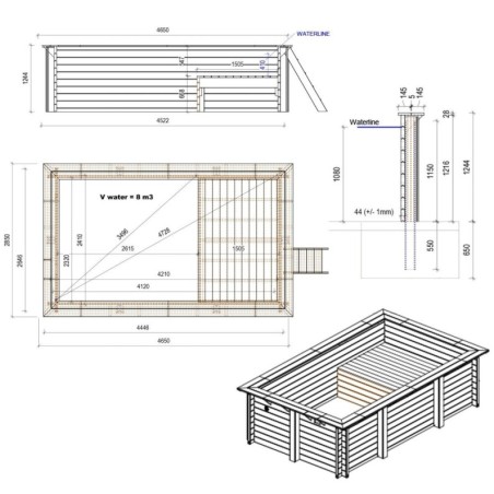 Zwembad AQUA 4.65 x 2.85 – H.1.24 m met strand, lichtblauw, op een frame - zonder betonnering
