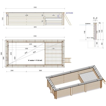 Zwembad AQUA 6.1 x 2.85 – H.1.31 m met strand, grijs, op een frame - zonder betonnering
