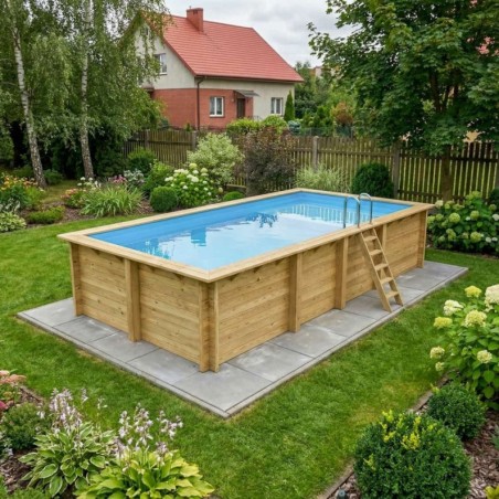 Zwembad AQUA 7 x 3.75 – H.1.45 m met strand, lichtblauw, met in te betonneren steunen