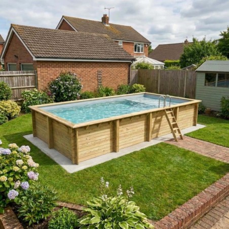 Zwembad AQUA 8.5 x 4.35 – H.1.45 m met strand, grijs, met in te betonneren steunen