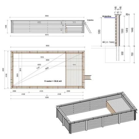 Zwembad AQUA 8.5 x 4.35 – H.1.45 m met strand, grijs, met in te betonneren steunen