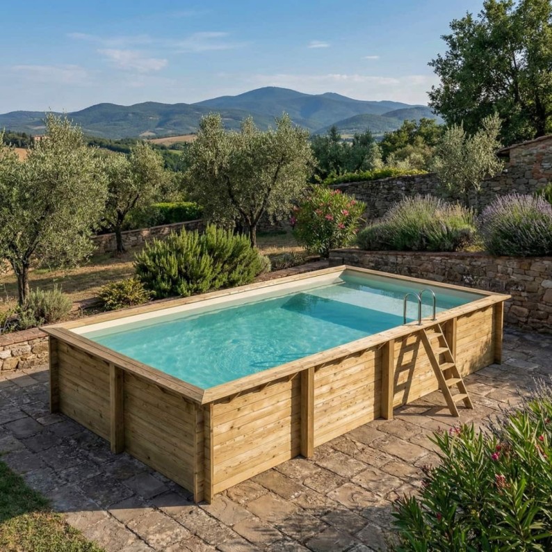 Zwembad AQUA 8.5 x 4.35 – H.1.45 m met strand, zand, op een frame - zonder betonnering