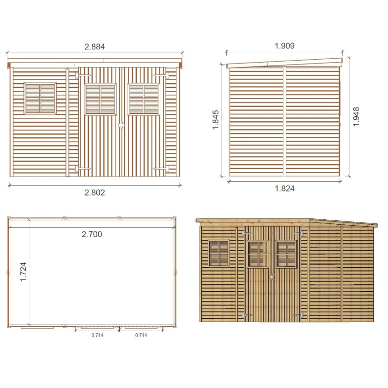 Houten tuinhuis 4.86 m² - 2.7x1.8 m - 12.5 mm