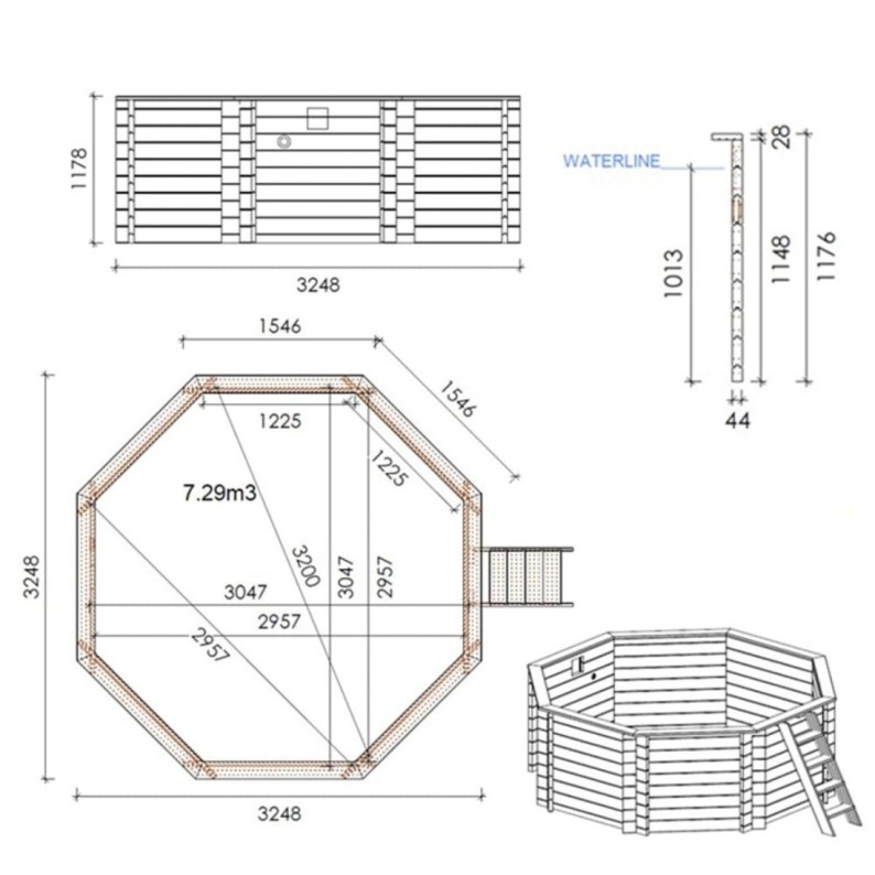 Zwembad CORAL 3.25 x 3.25 – H.1.18 m. vrijstaand - zonder betonnering. Liner lichtblauw