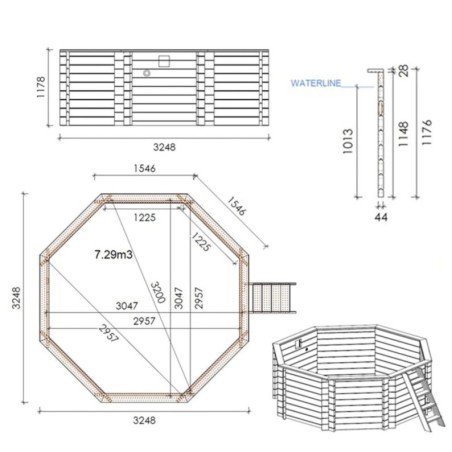 Zwembad CORAL 3.25 x 3.25 – H.1.18 m. vrijstaand - zonder betonnering. Liner lichtblauw