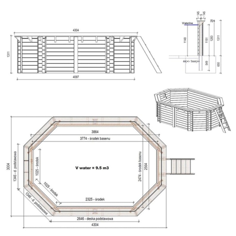 Zwembad NEMO 4.3 x 3 - H.1.31 m, lichtblauw, op een frame - zonder betonnering