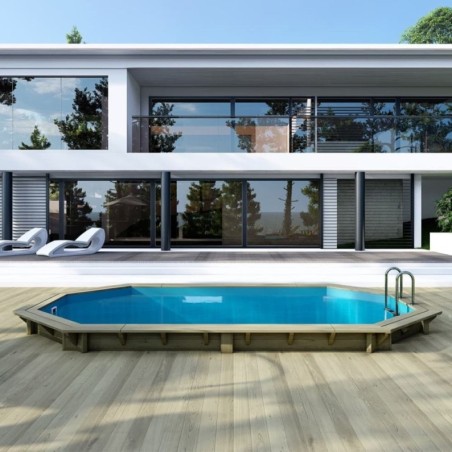 Zwembad NEMO 5.79 x 3.49 – H.1.45 m, lichtblauw, met beugels vastgeschroefd aan beton